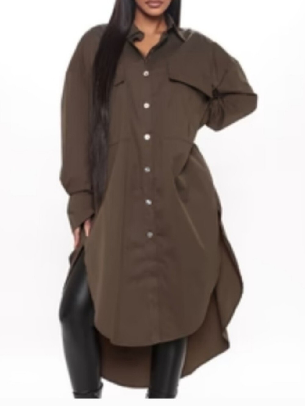 Fashion Nova Dark Olive High-Low Button Down Shirt‎